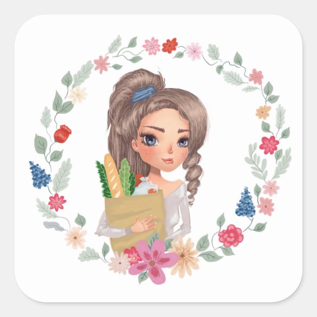 Pegatina Cuadrada Chica con comestibles (Anverso)