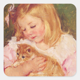 Pegatina Cuadrada Chica con Kitten, Mary Cassatt