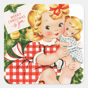 Pegatina Cuadrada Chica con muñeca Vintage 1950