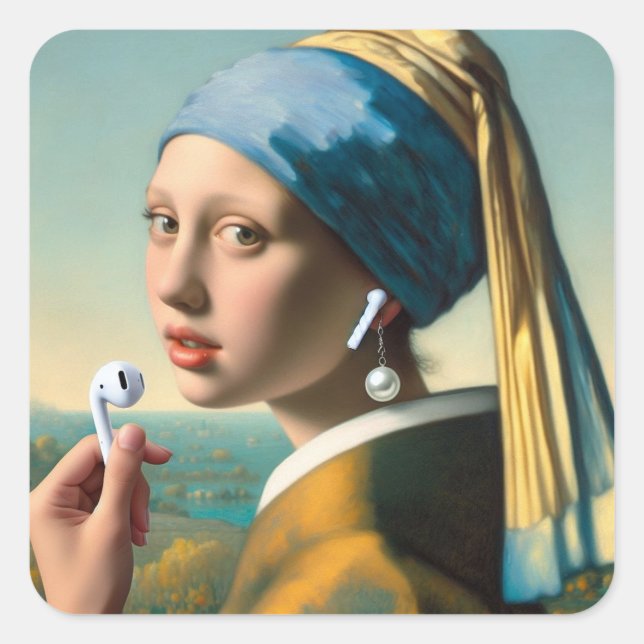Pegatina Cuadrada Chica con Pearl Earring con auriculares (Anverso)