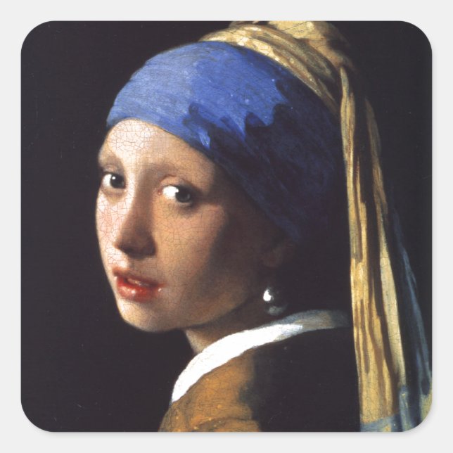 Pegatina Cuadrada Chica con Pearl Earring, de Vermeer (Anverso)