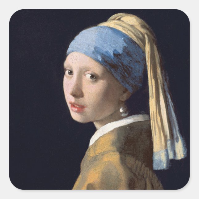 Pegatina Cuadrada Chica con perlas de 1665 Johannes Vermeer (Anverso)