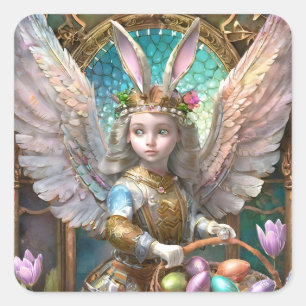 Pegatina Cuadrada Chica Con Vestido De Ángel Conejito De Pascua