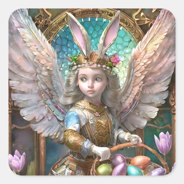 Pegatina Cuadrada Chica Con Vestido De Ángel Conejito De Pascua (Anverso)