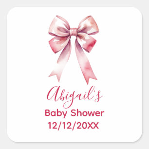 Pegatina Cuadrada Chica Coqueta con Lazo Rosa Baby Shower