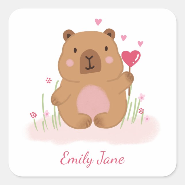 Pegatina Cuadrada Chica Cumpleaños Personalizada Rosa Capybara Bebé  (Anverso)