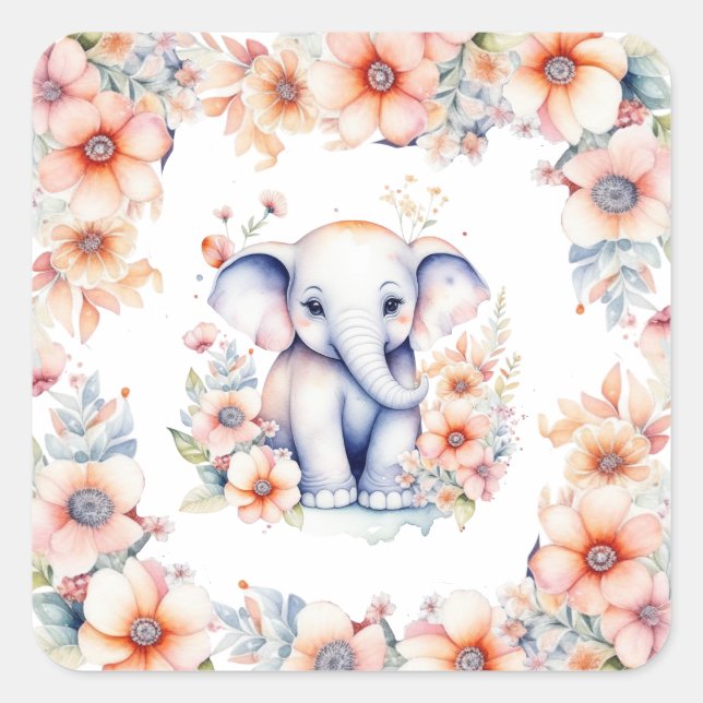 Pegatina Cuadrada Chica Cute Baby Elephant (Anverso)
