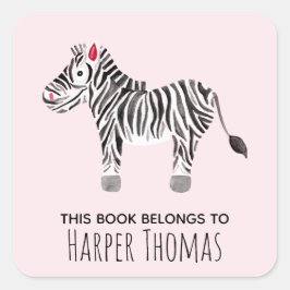 Pegatina Cuadrada Chica Cute Este Libro Pertenece A Safari Zebra Nam