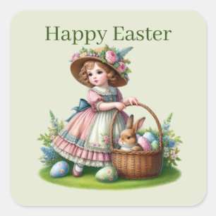 Pegatina Cuadrada Chica Cute Happy Easter