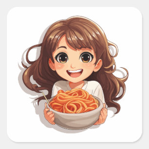 Pegatina Cuadrada Chica Cute Kawaii comiendo Spaghetti