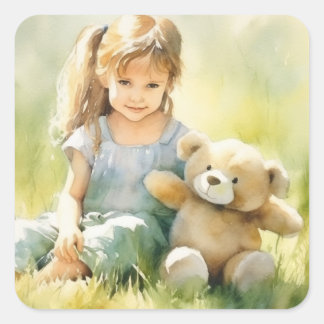 Pegatina Cuadrada Chica Cute Teddy Bear Ilustracion acuático