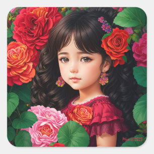 Pegatina Cuadrada Chica Cuto Con Decoración De Flores Rosa Rojas