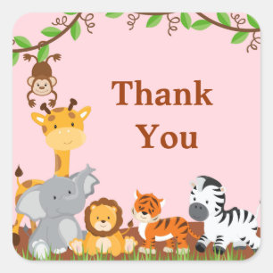 Pegatina Cuadrada Chica De Animales De La Selva Safari Cute Gracias