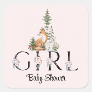 Pegatina Cuadrada Chica de animales Woodland Baby Shower
