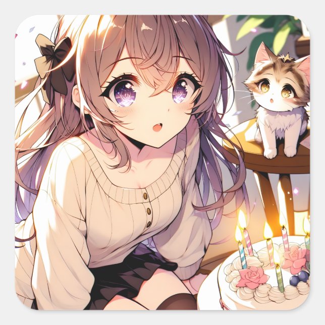 Pegatina Cuadrada Chica de anime bonito con torta de gatito y cumple (Anverso)