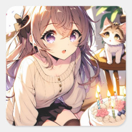 Pegatina Cuadrada Chica de anime bonito con torta de gatito y cumple