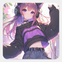 Pegatina Cuadrada Chica de anime bonito en audífonos con orejas del