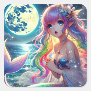 Pegatina Cuadrada Chica de Anime Cantando Pixie de Luz de Luna Siren