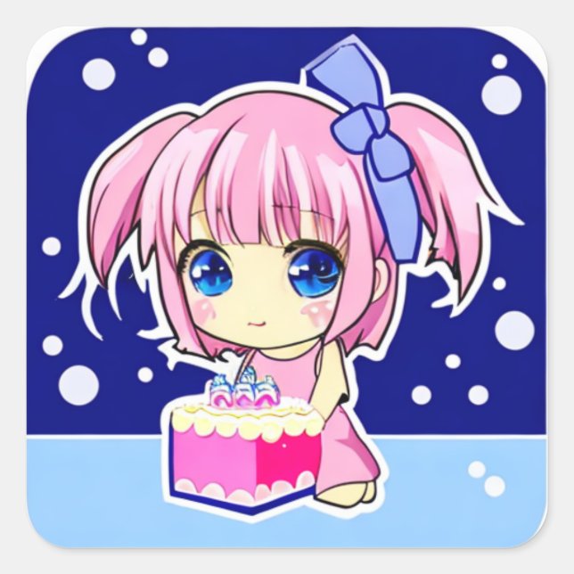 Pegatina Cuadrada Chica de anime con torta de cumpleaños (Anverso)