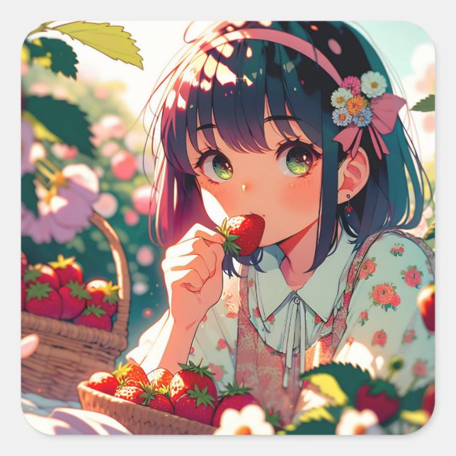 Pegatina Cuadrada Chica de anime cutáneo comiendo fresas | Día de ve (Anverso)