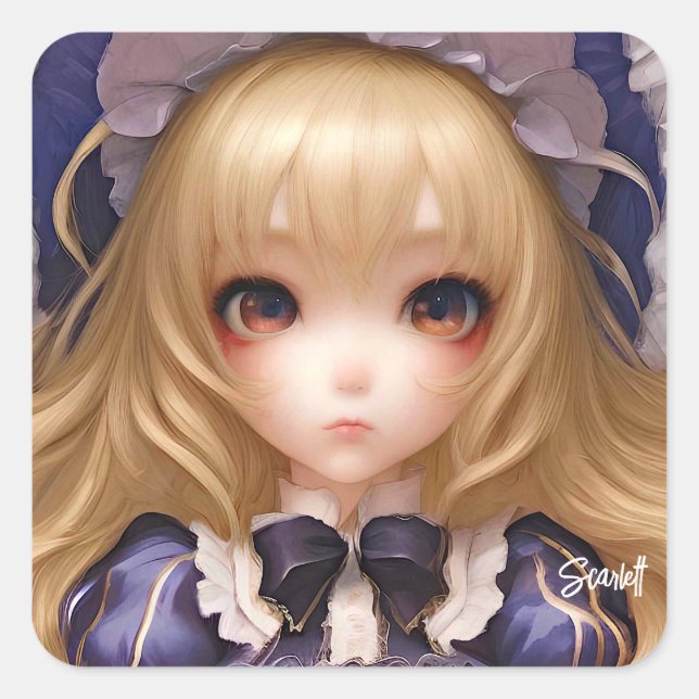 Pegatina Cuadrada Chica De Anime De Manga Cuta Japonés En Azul (Anverso)
