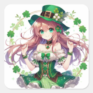 Pegatina Cuadrada Chica de anime del trébol del Día de San Patricio