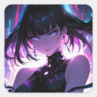 Pegatina Cuadrada Chica de anime digital púrpura