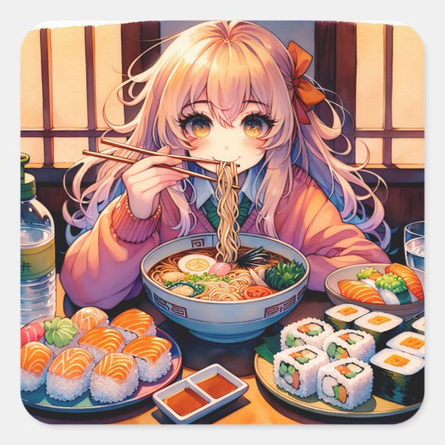 Pegatina Cuadrada Chica de anime lindo comiendo Ramen y suhi (Anverso)