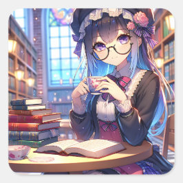 Pegatina Cuadrada Chica de anime lindo en lectura de anteojos