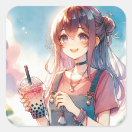 Pegatina Cuadrada Chica de anime lindo sosteniendo un té Boba