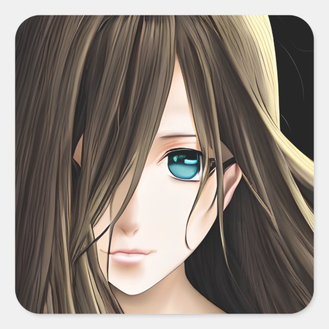Pegatina Cuadrada Chica de Anime Oído Azul Marrón (Anverso)