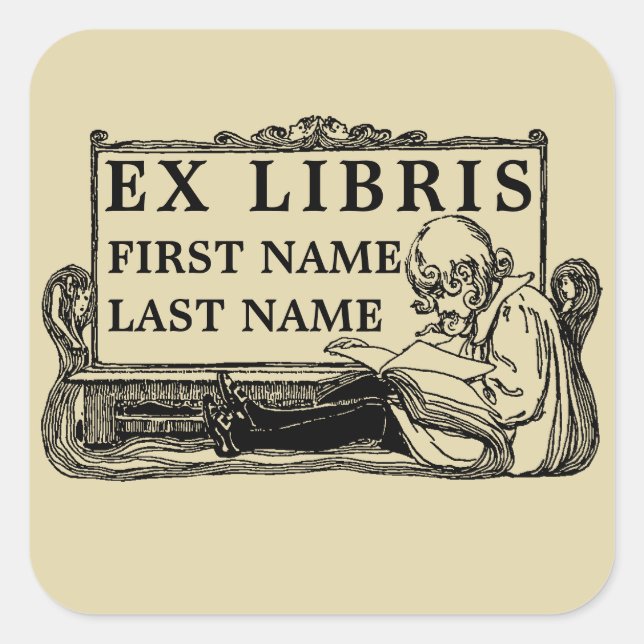 Pegatina Cuadrada Chica de Art Nouveau leyendo libro Ex Libris Templ (Anverso)