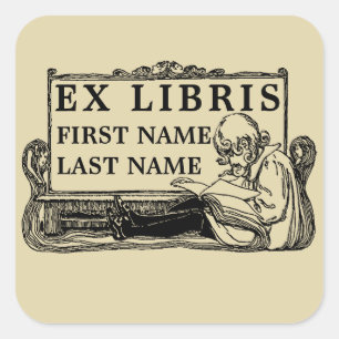 Pegatina Cuadrada Chica de Art Nouveau leyendo libro Ex Libris Templ