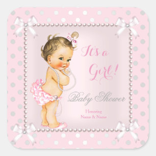 Pegatina Cuadrada Chica de Baby Shower Rosa Gris Perla Morena