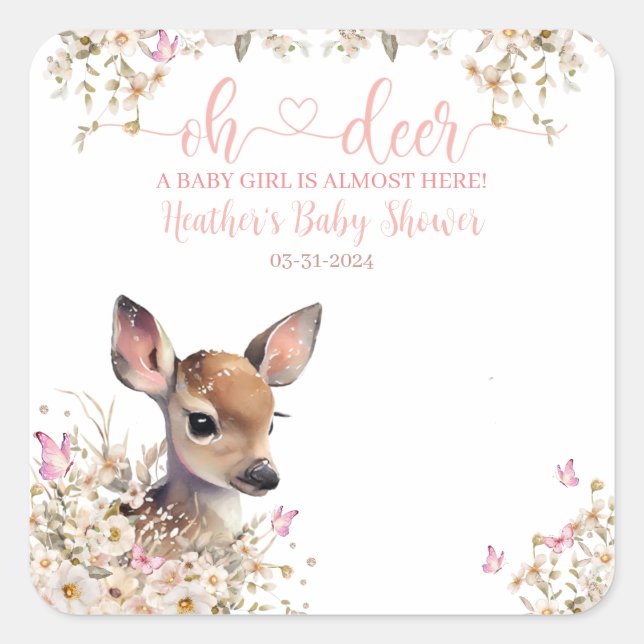 Pegatina Cuadrada Chica de Baby Shower Woodland Deer (Anverso)