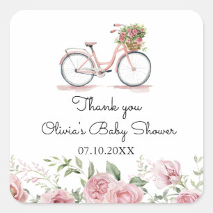 Pegatina Cuadrada Chica de bicicleta rosa cúpula Baby Shower