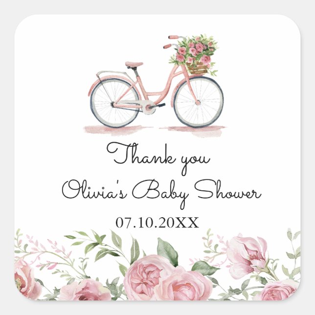 Pegatina Cuadrada Chica de bicicleta rosa cúpula Baby Shower (Anverso)