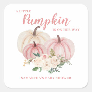 Pegatina Cuadrada Chica de calabaza pequeña rosa Baby Shower 