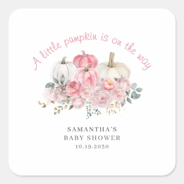 Pegatina Cuadrada Chica de calabaza rosa pequeño Baby Shower (Anverso)