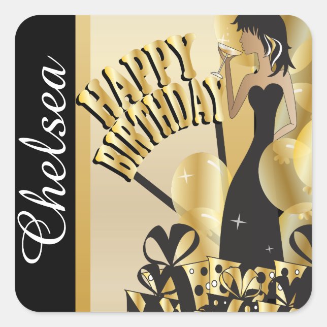 Pegatina Cuadrada Chica de cócteles de cumpleaños feliz | Nombre DIY (Anverso)