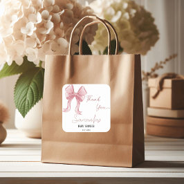Pegatina Cuadrada Chica de color de agua rosado Bow Baby Shower Grac