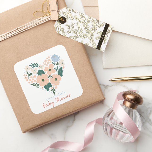 Pegatina Cuadrada Chica de corazón floral rosa Baby Shower (Regalar)