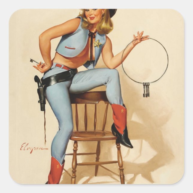 Pegatina Cuadrada Chica de Cowgirl Pin-up (Anverso)