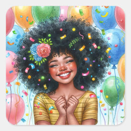 Pegatina Cuadrada Chica De Cumpleaños Afro Con Acuarela De Piel Marr