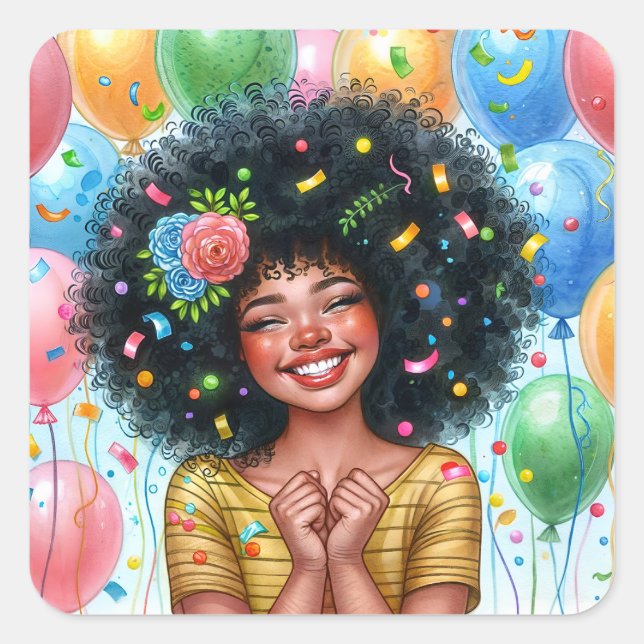 Pegatina Cuadrada Chica De Cumpleaños Afro Con Acuarela De Piel Marr (Anverso)