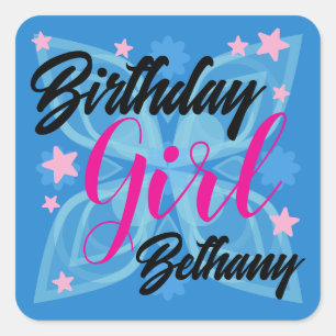 Pegatina Cuadrada Chica de cumpleaños breve resumen azul