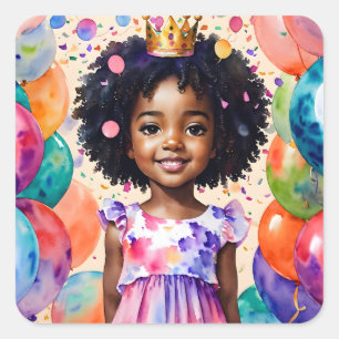 Pegatina Cuadrada Chica de cumpleaños con arte de princesa de piel m