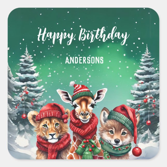 Pegatina Cuadrada Chica de cumpleaños del zoológico de lobo lindo (Anverso)