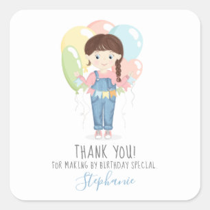 Pegatina Cuadrada Chica de cumpleaños en Overalls Brunette