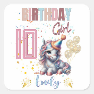 Pegatina Cuadrada Chica de cumpleaños equino diseño Fiesta ecuestre